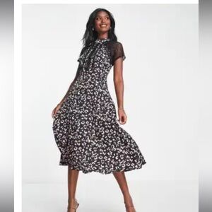 Liquorish a line lace detail midi dress in black leopard print